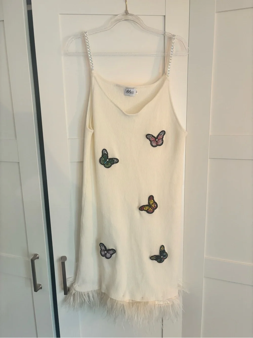 Lola and the Boys Crystal Butterfly Feather Trim Sweater Dress Size Small - Picture 3 of 8